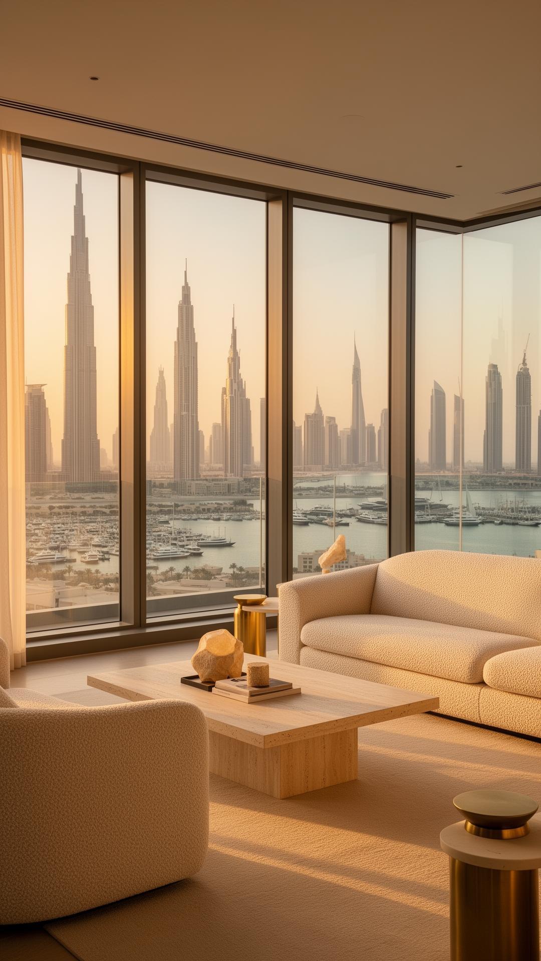 Luxury staged Dubai penthouse living room at golden hour